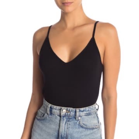 BP. V-Neck Ribbed Thong Bodysuit Black - Picture 1 of 3